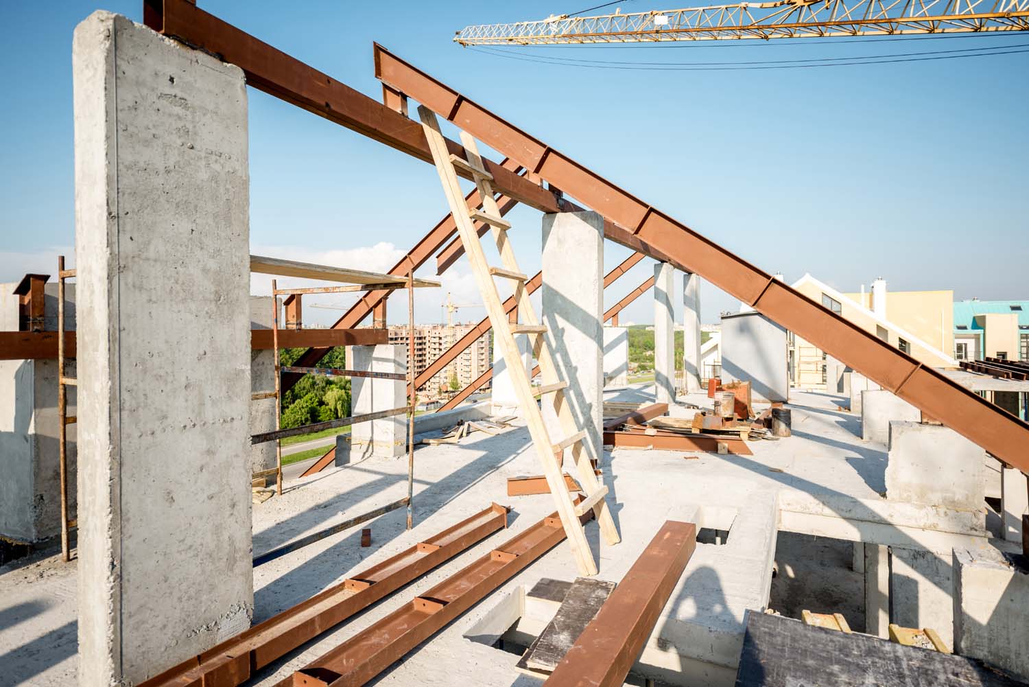 Roof part with metal beams on the construction site